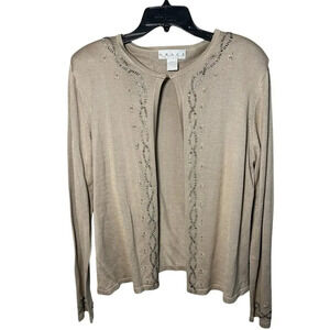 Grace Knitwear 100% Silk Gray Beaded Collar Front LS Cardigan Women's Size XL